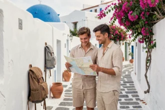 Couple de voyageurs explorant une ruelle typique de Fira à Santorin avec une carte, logement abordable bien situé