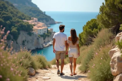 Jeune couple souriant marchant vers Eze avec mer en arrière-plan