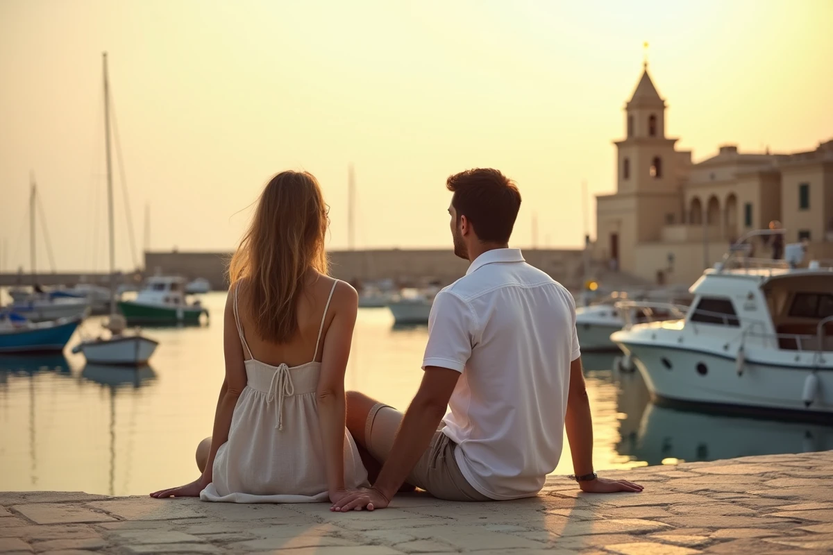 Couple regardant les bateaux colorés au port de Marsaxlokk au crépuscule