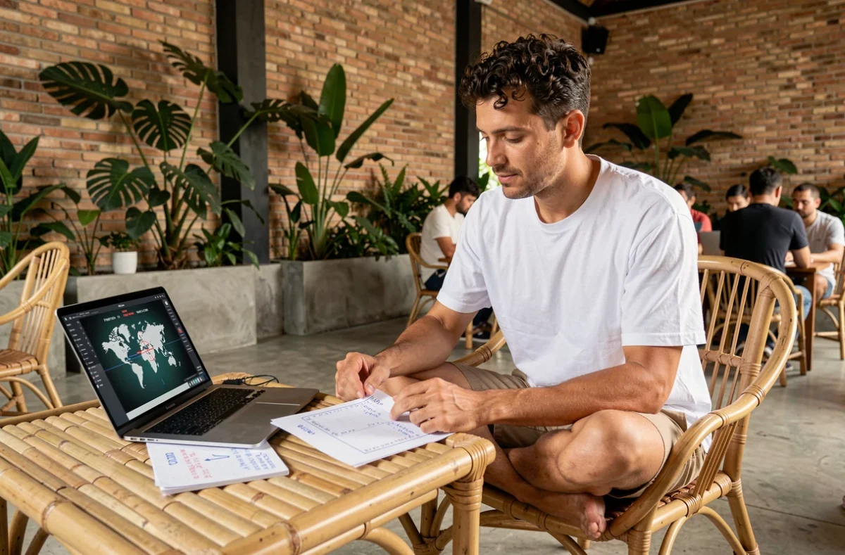 Homme en télétravail dans un espace de coworking à Ubud, Bali, consultant un planning d'organisation horaire avec décalage de fuseau horaire