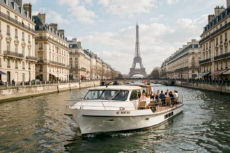 Bateau de croisière déjeuner naviguant sur la Seine à Paris avec la Tour Eiffel en arrière-plan