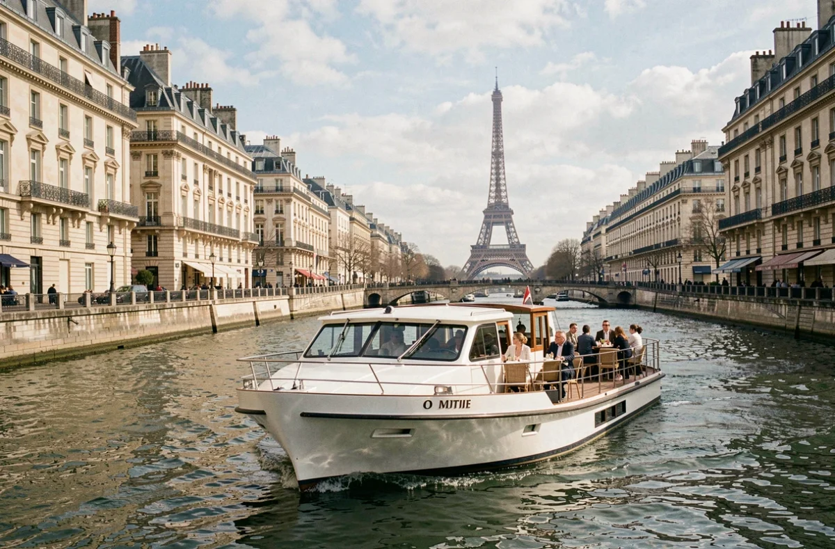 Bateau de croisière déjeuner naviguant sur la Seine à Paris avec la Tour Eiffel en arrière-plan