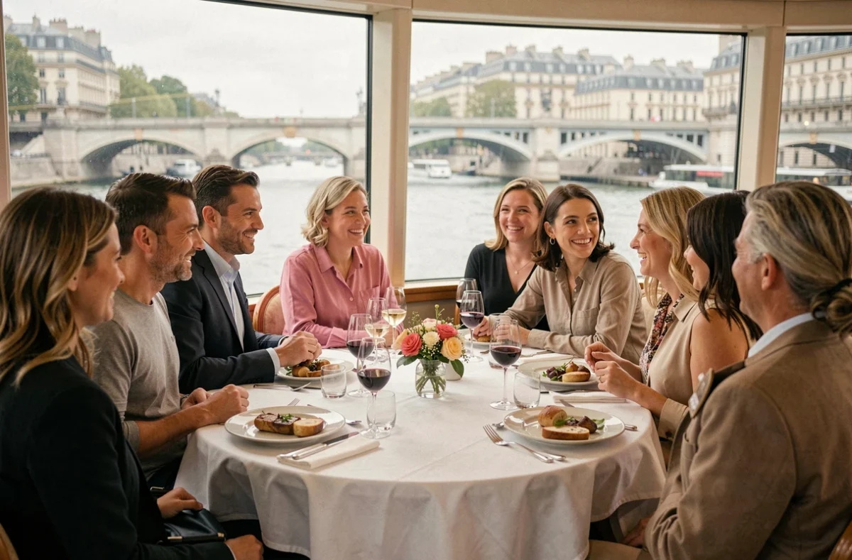 Passagers savourant un déjeuner raffiné à bord d'une croisière sur la Seine avec vue sur les ponts parisiens