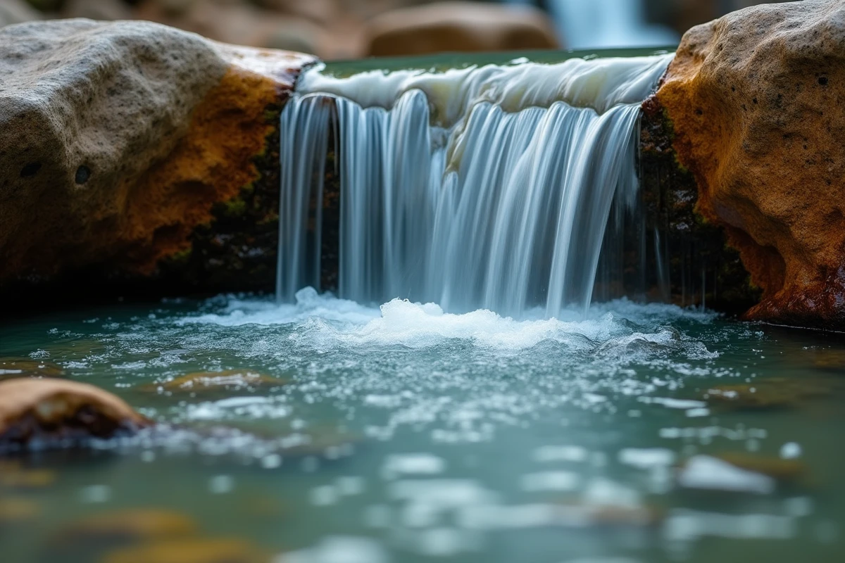 Détail macro de l'eau de la cascade de la Vis sur les rochers calcaires à l'aube