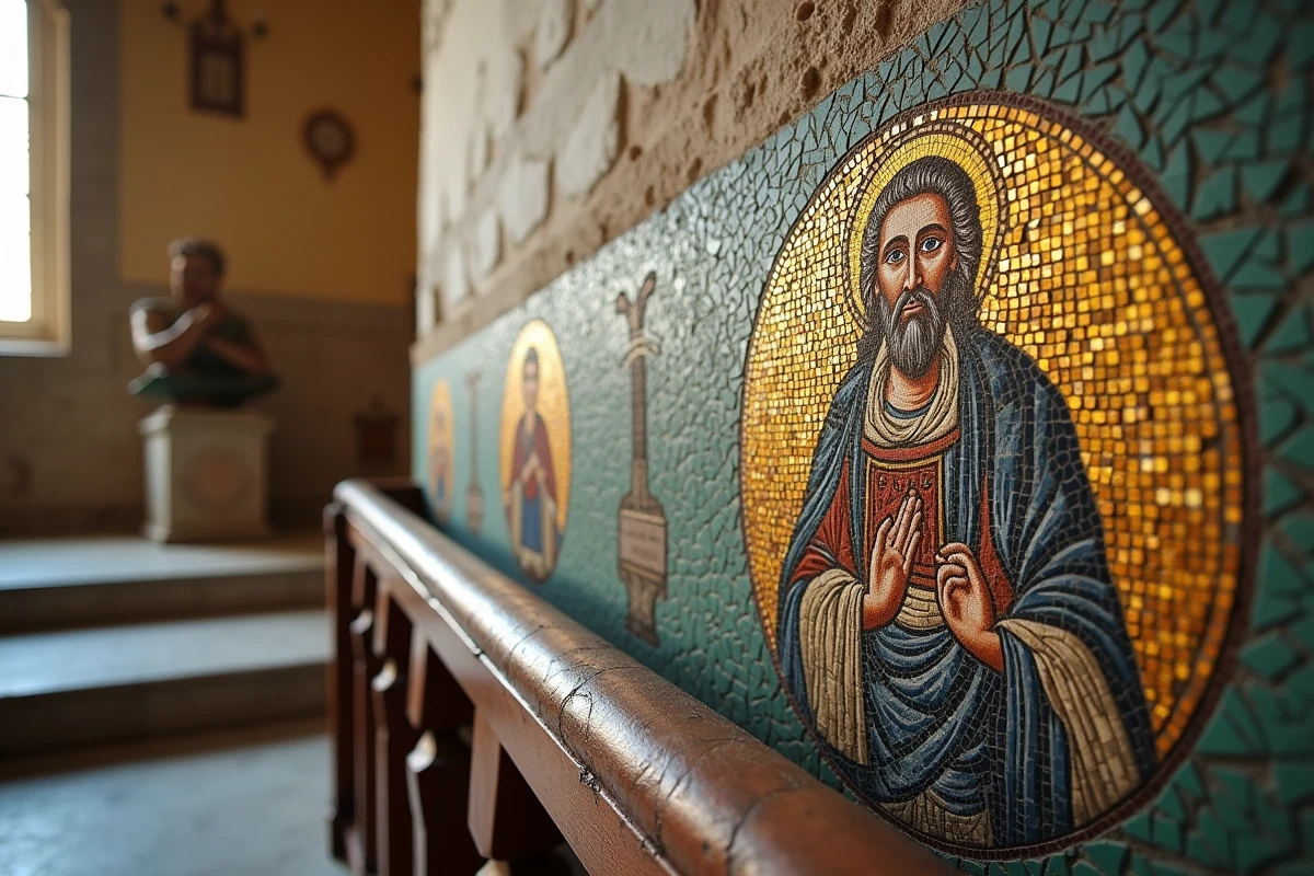 Détail des mosaïques byzantines dorées du Palais des Normands à Palerme, tesselles finement assemblées sur un panneau figuratif