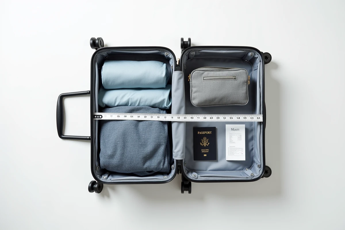 Vue de dessus d'une valise cabine ouverte avec ruban à mesurer montrant les dimensions autorisées en compagnie aérienne