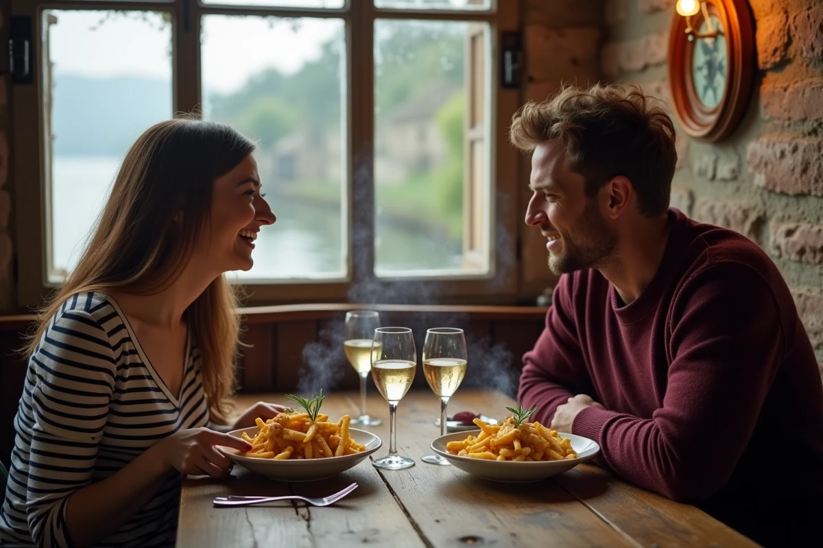 Couple amoureux dégustant des moules dans un bistrot chaleureux de Saint-Valery-sur-Somme