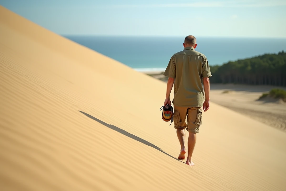 Homme gravissant la Dune du Pilat près d'Arcachon avec vue sur l'océan Atlantique et la forêt de pins