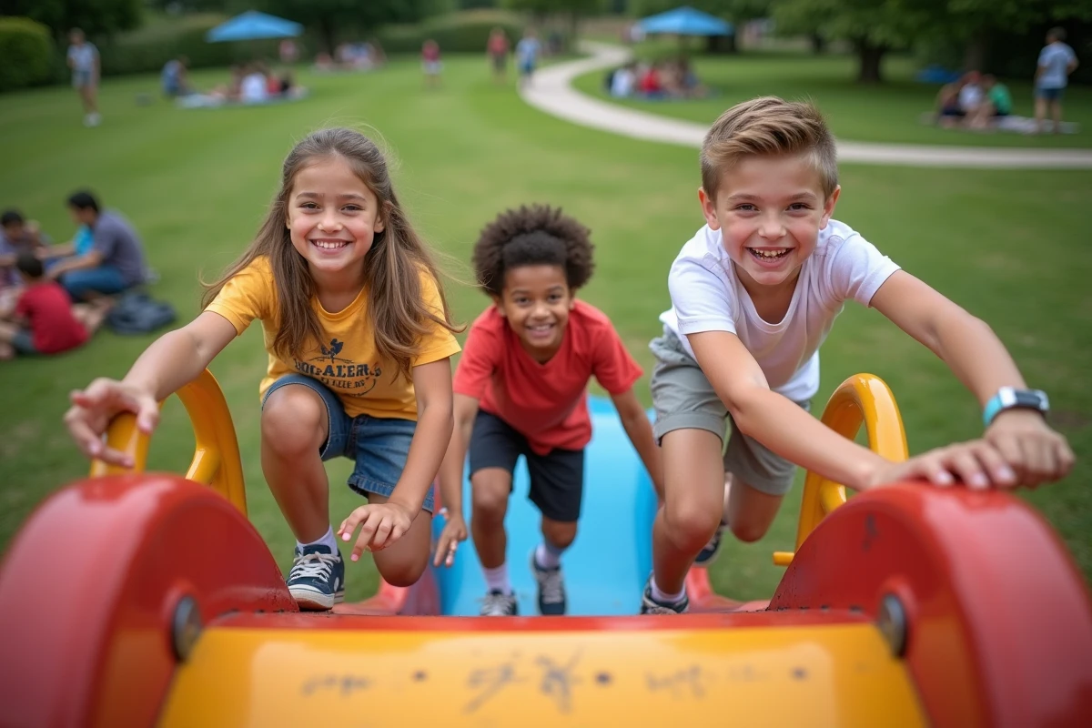 Enfants jouant sur une aire de jeux colorée dans un parc