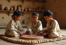 Jeux de l’ancienne Mésopotamie : découvrez les divertissements populaires Jeunes enfants mésopotamiens jouant au jeu royal Ur dans une maison ancienne