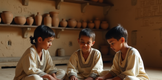 Jeux de l’ancienne Mésopotamie : découvrez les divertissements populaires Jeunes enfants mésopotamiens jouant au jeu royal Ur dans une maison ancienne
