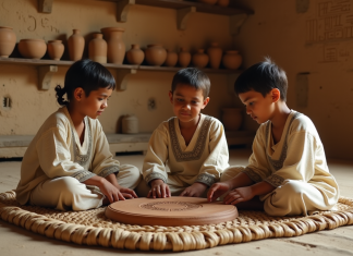 Jeunes enfants mésopotamiens jouant au jeu royal Ur dans une maison ancienne