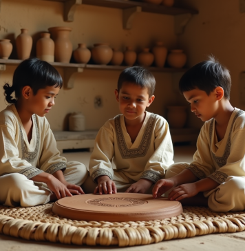 Jeux de l’ancienne Mésopotamie : découvrez les divertissements populaires Jeunes enfants mésopotamiens jouant au jeu royal Ur dans une maison ancienne