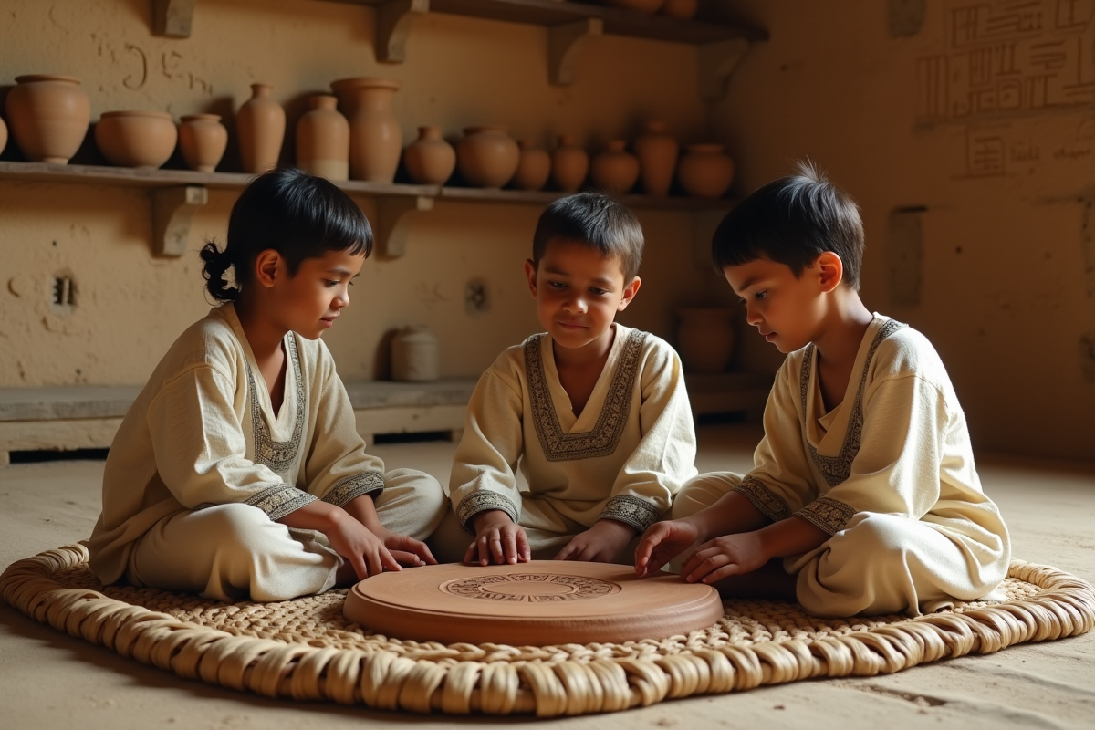 Jeunes enfants mésopotamiens jouant au jeu royal Ur dans une maison ancienne