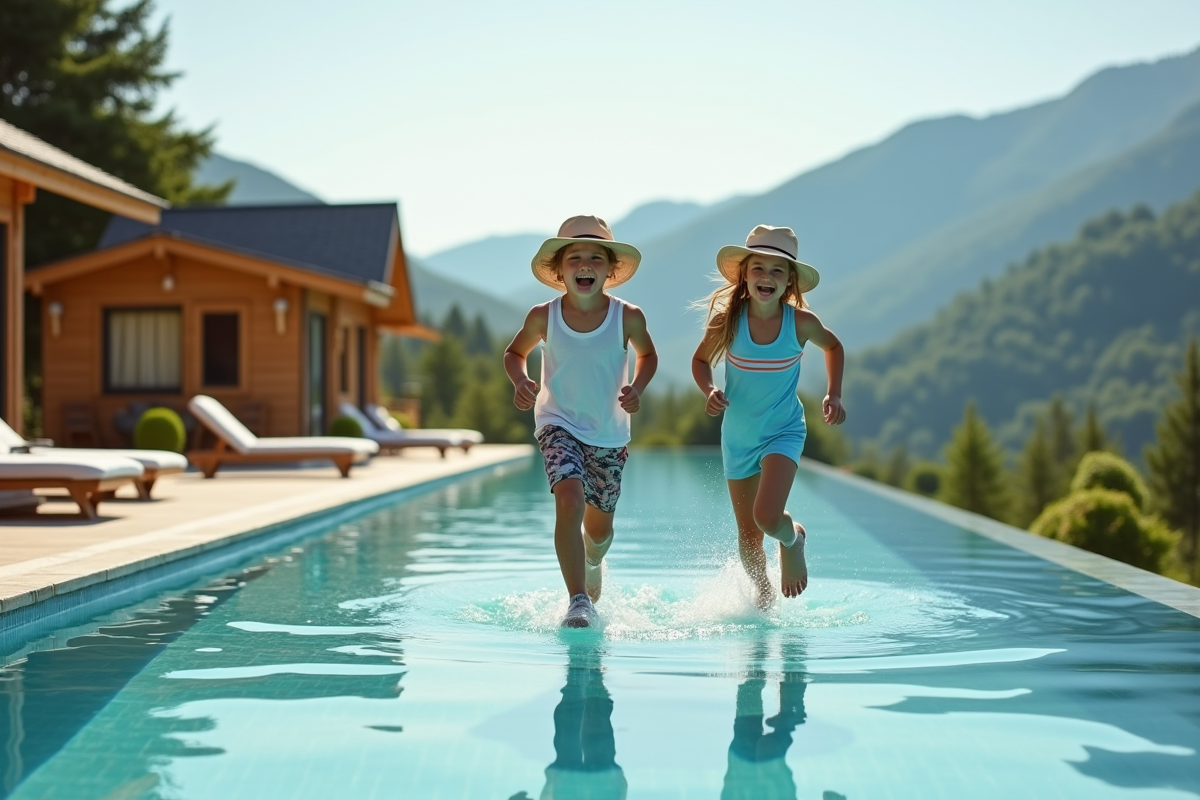 Enfants souriants courant près de la piscine dans un camping de luxe
