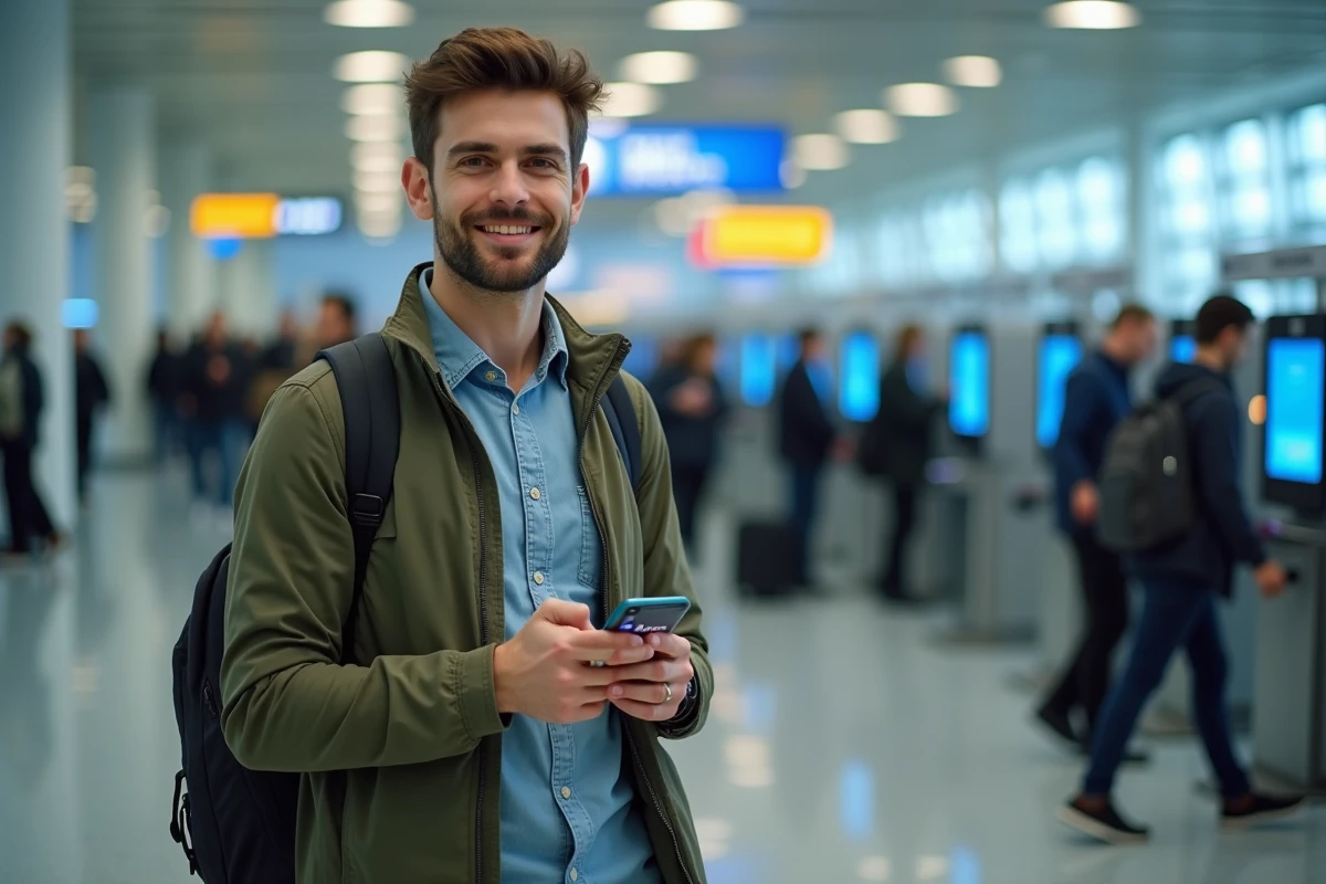 Voyageur utilisant l'application mobile Air France pour l'enregistrement numérique et le dépôt de bagage en aéroport