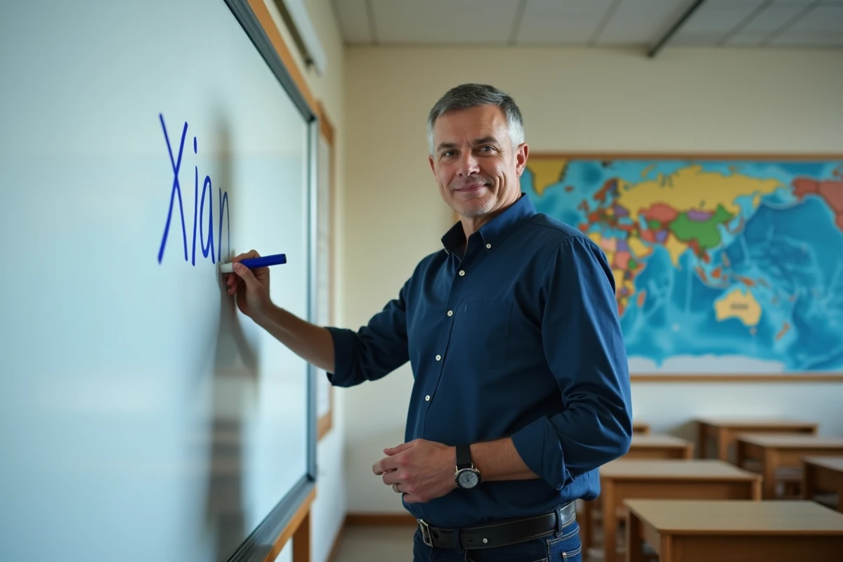 Enseignant écrivant le nom d'une ville en X au tableau blanc dans une salle de classe avec carte du monde au mur