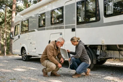 Couple inspectant l'extérieur d'un Hymer lors d'un essai avant achat sur un parking entouré de pins