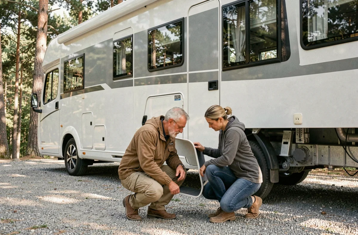 Couple inspectant l'extérieur d'un Hymer lors d'un essai avant achat sur un parking entouré de pins