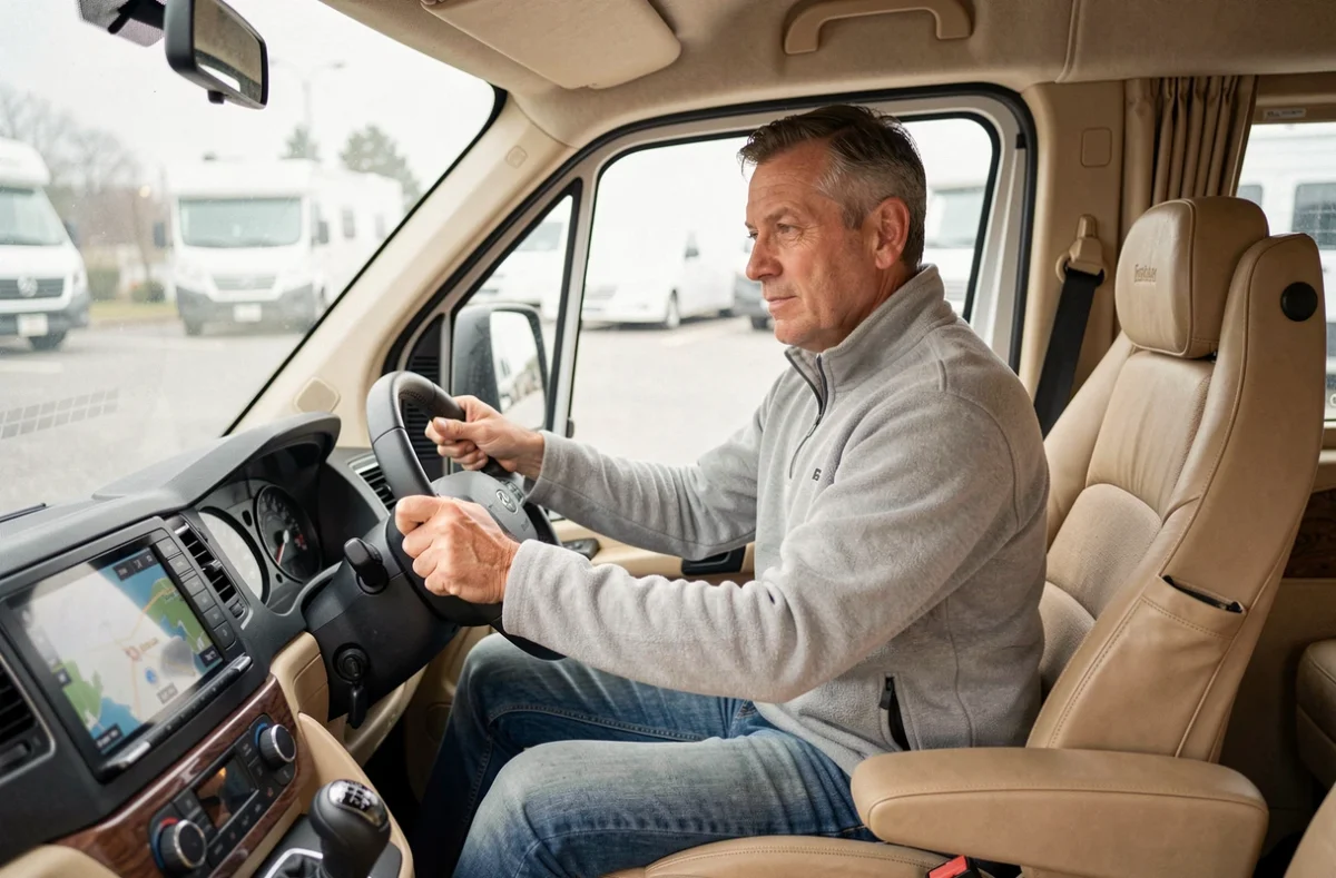 Homme évaluant les commandes de bord et le tableau de bord d'un camping-car Hymer lors d'un essai de conduite