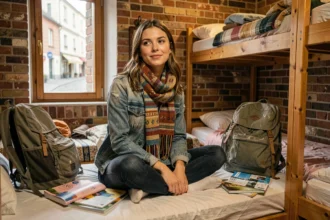 Jeune femme étudiante en auberge de jeunesse, entourée de son matériel de voyage économique en Europe