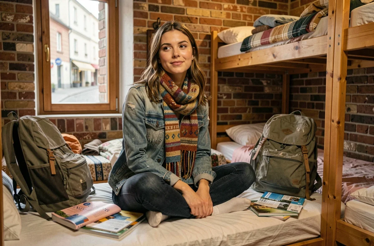 Jeune femme étudiante en auberge de jeunesse, entourée de son matériel de voyage économique en Europe