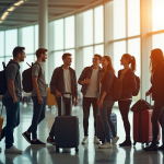 Groupe d'étudiants internationaux souriants à l'aéroport