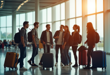 Groupe d'étudiants internationaux souriants à l'aéroport