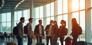 Groupe d'étudiants internationaux souriants à l'aéroport