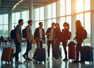 Groupe d'étudiants internationaux souriants à l'aéroport