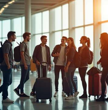 Groupe d'étudiants internationaux souriants à l'aéroport