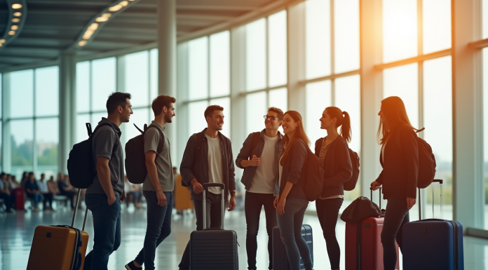 Groupe d'étudiants internationaux souriants à l'aéroport
