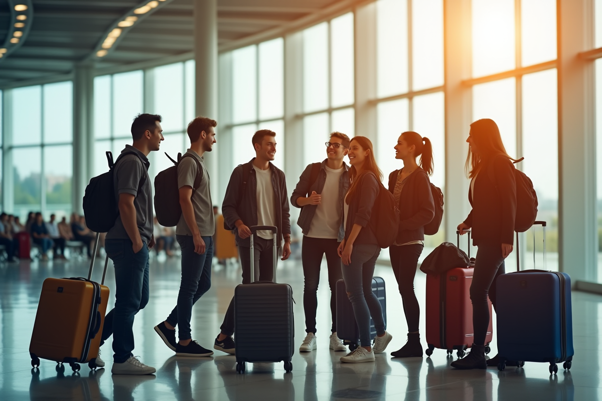 Groupe d'étudiants internationaux souriants à l'aéroport