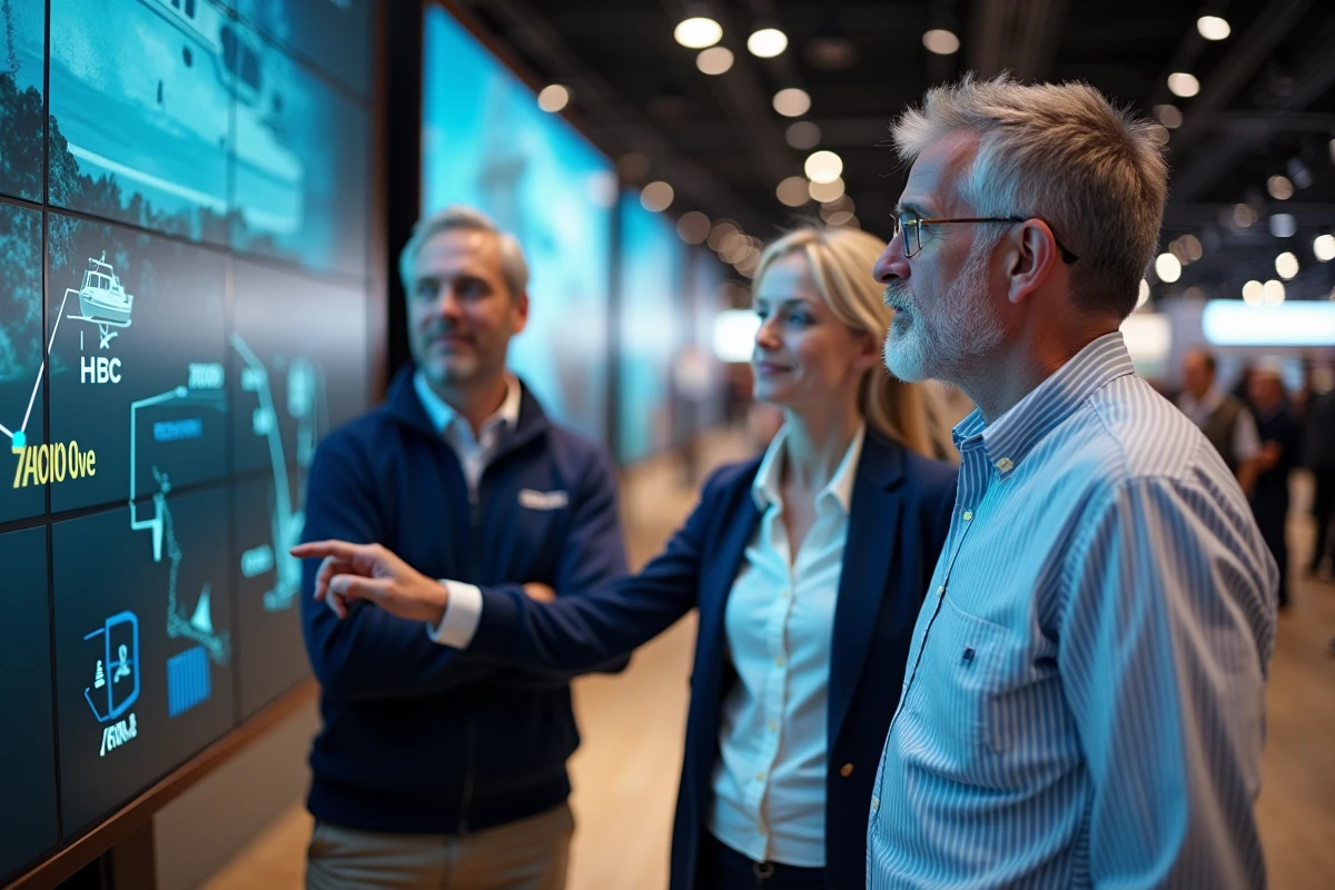 Visiteurs explorant une expérience immersive interactive sur stand au Salon du Nautisme de Paris