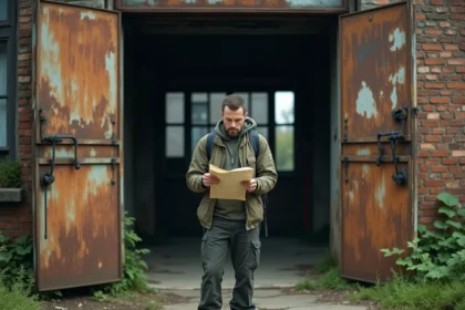 Explorateur urbain masculin examinant une carte devant l'entrée d'une usine abandonnée aux portes rouillées et murs en briques vieillies