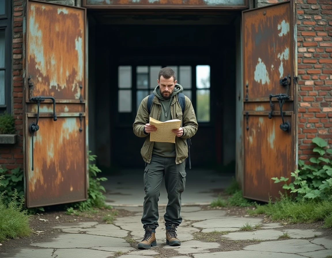 Explorateur urbain masculin examinant une carte devant l'entrée d'une usine abandonnée aux portes rouillées et murs en briques vieillies