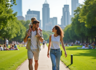 Famille souriante dans un parc urbain en été