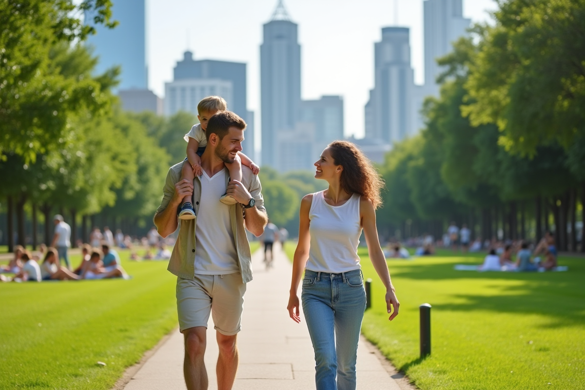 Famille souriante dans un parc urbain en été