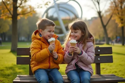 Famille souriante partageant une glace dans un parc en famille