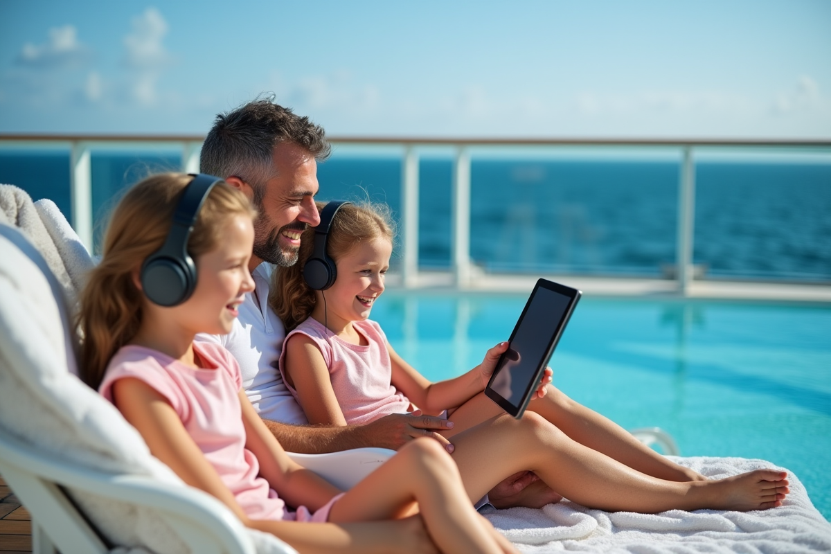 Famille profitant de la piscine en croisière avec tablette