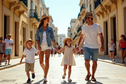 Famille souriante dans les rues de Valletta en été