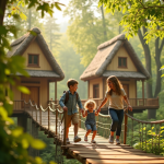 Famille heureuse dans un village arbre en forêt en France