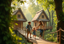 Famille heureuse dans un village arbre en forêt en France