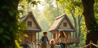 Famille heureuse dans un village arbre en forêt en France