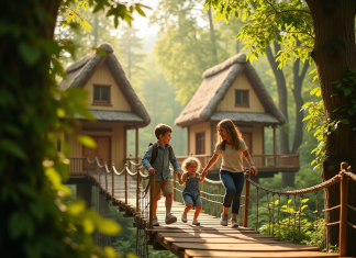 Famille heureuse dans un village arbre en forêt en France