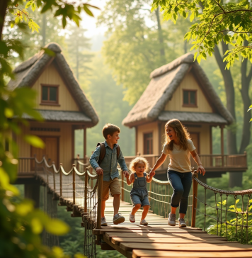 Famille heureuse dans un village arbre en forêt en France