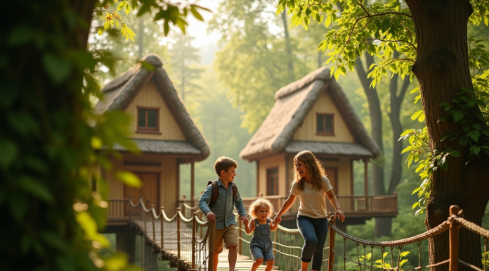 Famille heureuse dans un village arbre en forêt en France