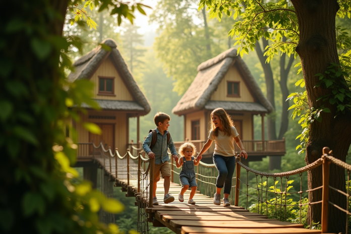 Famille heureuse dans un village arbre en forêt en France