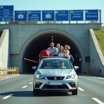 Famille en voiture passant par l'entrée de l'Eurotunnel en journée