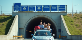 Famille en voiture passant par l'entrée de l'Eurotunnel en journée